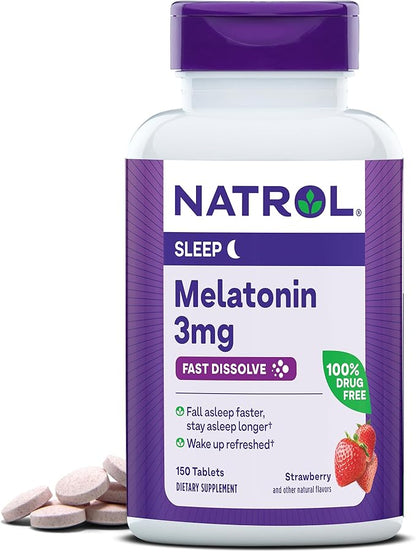 Natrol Melatonin 3mg, Strawberry-Flavored Dietary Supplement 150 Fast-Dissolve 150 Day