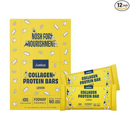 JustNosh Collagen Protein Bars, 10g Collagen, 13g Protein, Gluten Free, Dairy Free, FODMAP Friendly, Seed Oil Free Certified, Clean Ingredients | Lemon (12 Pack)