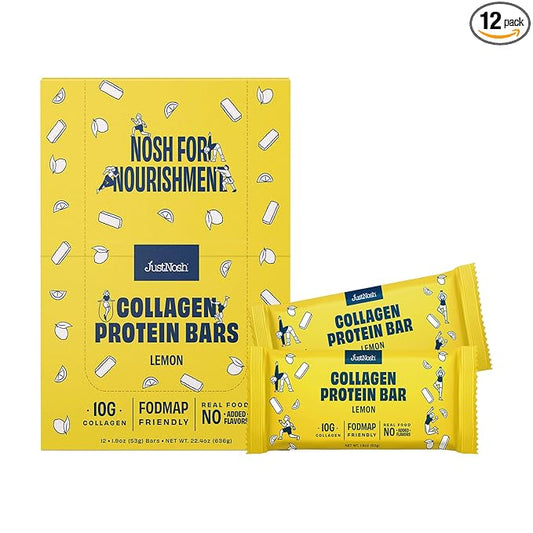 JustNosh Collagen Protein Bars, 10g Collagen, 13g Protein, Gluten Free, Dairy Free, FODMAP Friendly, Seed Oil Free Certified, Clean Ingredients | Lemon (12 Pack)