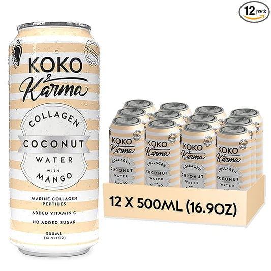 Koko & Karma – Pure Coconut Water with Marine Collagen Peptides & Mango Refreshing Taste with No Added Sugar or Preservatives – 12 Pack – 16.9 Ounce Cans