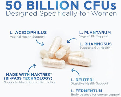 Women Probiotics For Digestive Health With 50 Billion CFU - Multi Strains Womens Probiotic With Acidophilus For Daily Vaginal & Urinary Health Support, Immune Support, Shelf Stable - 120 Capsules