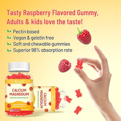2 Pack Calcium Magnesium Zinc Gummies D3 & B12, Sugar