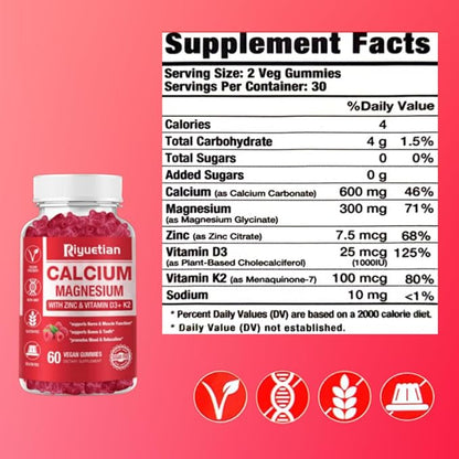 2 Pack Calcium Magnesium Zinc Gummies D3 Supplement, 120 Count