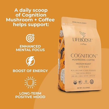 Lifeboost Cognition Adaptogenic Mushroom Coffee - Lions Mane & Chaga Nootropic Coffee - Great Tasting Medium Organic Coffee - Increase Energy, Boost Focus & Immune Support - 12 oz Bag - Ground