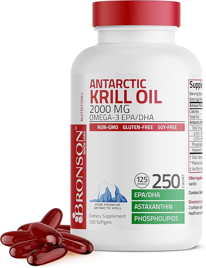 Bronson Antarctic Krill Oil 2000 mg Omega-3s EPA, 250 Softgels (125 Servings)
