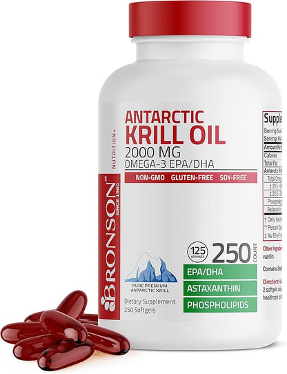 Bronson Antarctic Krill Oil 2000 mg Omega-3s EPA, 250 Softgels (125 Servings)