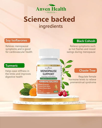 Menopause Supplements for Women Menopause Probiotics Relief, Supports Hot Flashes, Night Sweats, Bloating & Gut Health with Herbs, Collagen Peptides, Vitamin B6 & D3 | 270 Veggie Caps