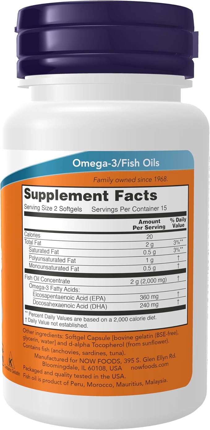 NOW Foods Supplements, Omega-3 180 EPA / 120 DHA, Molecularly Distilled, Cardiovascular Support*, 30 Softgels