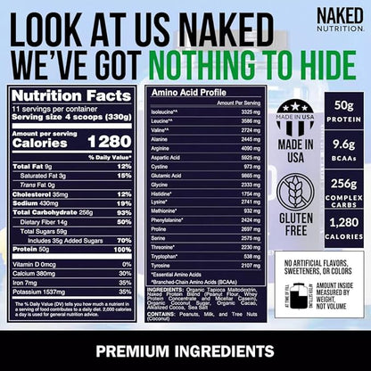 Chocolate Peanut Butter Naked Mass - 1,280 Calories, 50G Protein, Nothing Artificial. All Natural Weight Gainer Protein Powder - 8Lb Bulk, GMO Free, Gluten Free & Soy Free