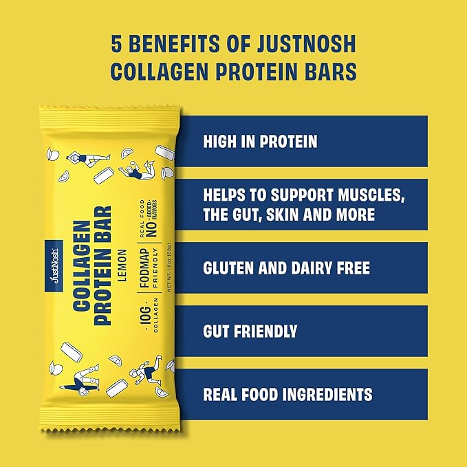 JustNosh Collagen Protein Bars, 10g Collagen, 13g Protein, Gluten Free, Dairy Free, FODMAP Friendly, Seed Oil Free Certified, Clean Ingredients | Lemon (12 Pack)