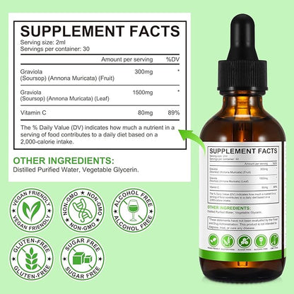 Soursop Graviola Liquid Drop, Nature Soursop Extract Liquid for Cell Support & Regeneration, Immunity, Liver & Antioxidant, Easy to Absorption, 2 Fl Oz