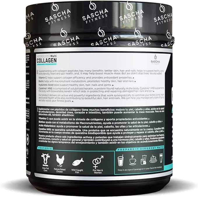 SASCHA FITNESS Hydrolyzed Multi Collagen Peptides 1,2 & 3 |Hyaluronic