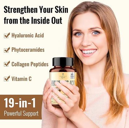 19-IN-1 Hyaluronic Acid Capsules - Hylunaric Acid 1200 mg, with Collagen Peptides, Vitamin C, Phytoceramides - Hyaluronic Acid Supplement for Skin, Eyes, Bones, Gastrointestinal (1 Pack)