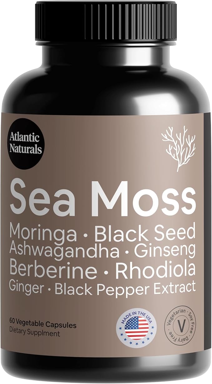 Atlantic Naturals Sea Moss Black Seed Oil Ashwagandha Ginger Capsules. Sea Moss with Black Seed Oil, Ashwagandha, Ginseng, Moringa Pure Supplement, 9-in-1 6,027 mg/Serving (60 Capsules)