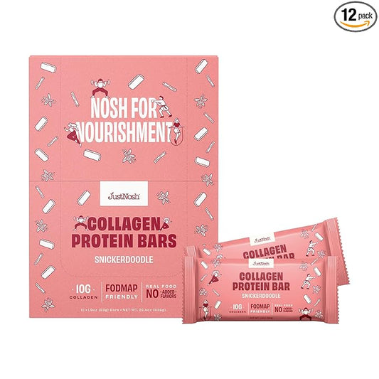 JustNosh Collagen Protein Bars, 10g Collagen, 15g Protein, Gluten Free, Dairy Free, FODMAP Friendly, Seed Oil Free Certified, Clean Ingredients | Snickerdoodle (12 Pack)