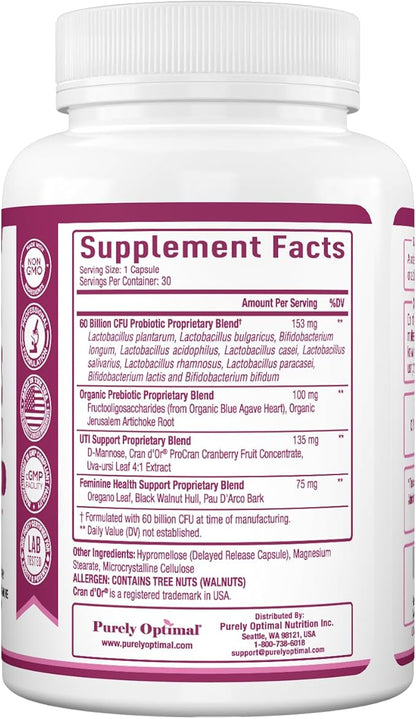 Purely Optimal Women's Probiotic Supplement - 60 Billion CFU with Prebiotics, 10 Strains Including Lactobacillus & Bifidobacterium, Digestive & Vaginal Health Support, UTI Defense - 30 Capsules