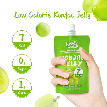 Konjac Jelly Pouch with Collagen Peptides, Low Calories (7 Kcal), Green Grape Flavor, 10 Packs, Gluten Free, Zero Sugar, Keto, Drinkable Vitamin C Sweet Healthy Fruit Snacks Gifts