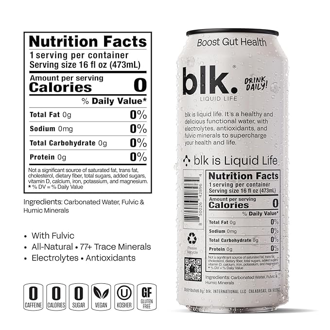 blk. PH 8+ Natural Alkaline Sparkling Water Mineral Electrolyte Infused with Fulvic and Amino Acids, Zero Sugar, Zero Calories Drink, 16 oz, 12 pack