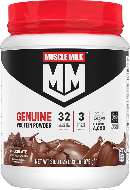 Muscle Milk Genuine Protein Powder, Chocolate, 1.93 Pounds, 12 Servings, 32g Protein, 3g Sugar,