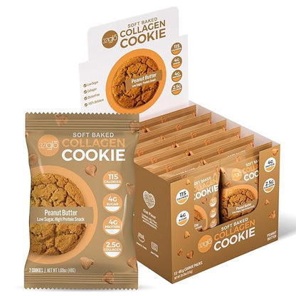 321glo Collagen Cookies | Soft Baked, High Protein Cookies | Low Carb, Low Sugar | Keto Snack for Women, Men, & Kids | 12 Pack (Peanut Butter)