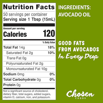 Chosen Foods 100% Pure Avocado Oil for Cooking - 25.4 floz - Rich in Good Fats, Vitamin E, Naturally Refined, High Smoke Point, Non-GMO, Soy-Free, Canola Oil-Free, Gluten-Free, Paleo, Keto + Digital Recipe Book