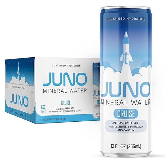 JUNO Cruise Unflavored Still Mineral Water with Celtic Salt, Potassium, and Calcium, Premium Hydration Drink 12 Pack