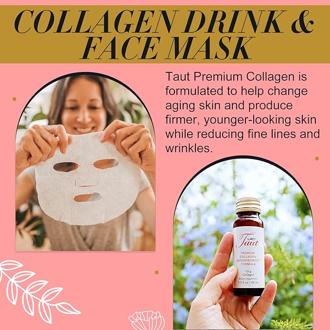 TAUT Liquid Collagen Drink & Face Mask 13,000mg Collagen 5 Masks 15 Bottles (30 Day