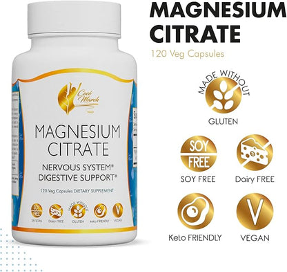 Coco March Magnesium Citrate - Relaxation- Sleep - Nervous & Digestive System Support, Gluten Free, Soy Free, Dairy Free, Keto Friendly, Vegan, 800 mg per Serving, 120 Capsules