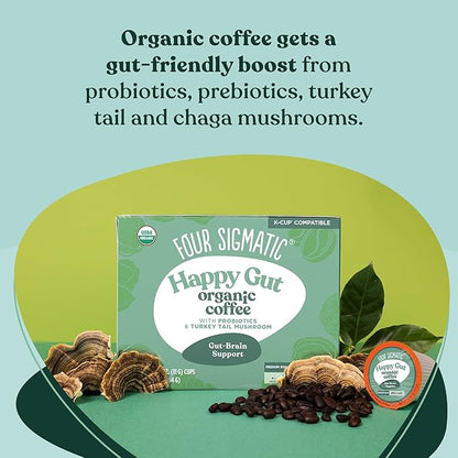 Four Sigmatic Happy Gut Organic Coffee Pods | Medium Roast Probiotic K Cups with Chaga and Turkey Tail | Immune Boosting, Probiotic Mushroom Coffee K Cups for Gut Health and Immune Support | 24 Count