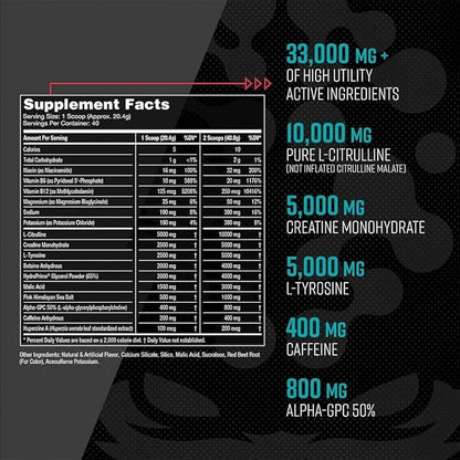 Gorilla Mode Pre Workout - Massive Pumps · Laser Focus · Energy · Power - L-Citrulline, Creatine, L-Tyrosine, Betaine, Hydroprime®, Alpha-GPC, 400mg Caffeine, Huperzine A - 836g (Volcano Burst)