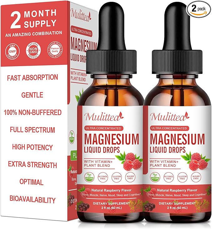 Magnesium Glycinate Liquid Drop - Triple Absorption Supplement to Support Nerves, Night, Heart, Muscles * -Sugar-Free with Potassium, L-Theanine, Sea Moss Vitamin B,C,D3, K2-2Pack