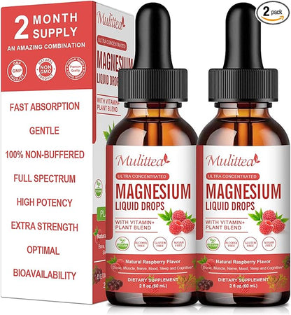 Magnesium Glycinate Liquid Drop - Triple Absorption Supplement to Support Nerves, Night, Heart, Muscles * -Sugar-Free with Potassium, L-Theanine, Sea Moss Vitamin B,C,D3, K2-2Pack