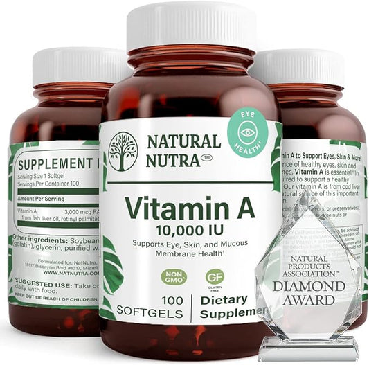 Natural Nutra Vitamin A 10,000 IU Softgels – High Potency Eye and Skin Vitamins – Gluten-Free Vitamin A Supplement for Sight & Skin Health – Fish Liver Oil for Men and Women, 100 Softgels (2 Pack)