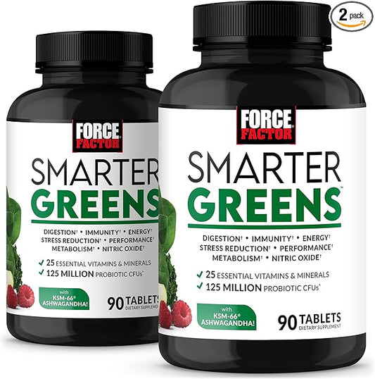 FORCE FACTOR Smarter Greens Tablets, 2-Pack, Greens Supplement with 25+ Superfoods and Antioxidants to Improve Digestion, Reduce Stress, Strengthen Immunity, and Support Metabolism, 180 Tablets