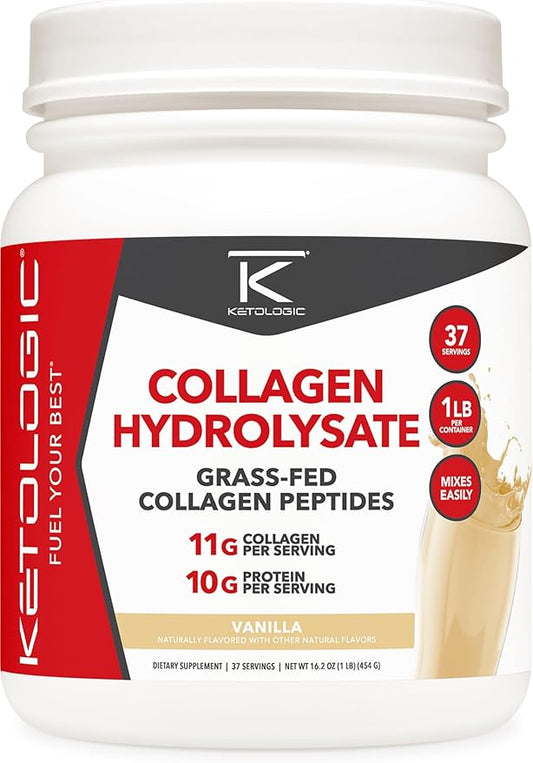 Ketologic Grass Fed Collagen Hydrolysate Powder (1 LB) 37 Servings, 11 G 10 G