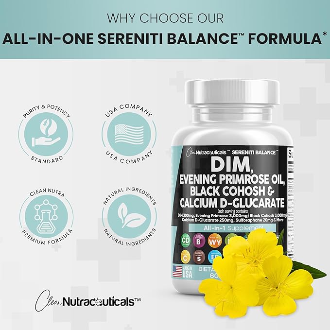 Clean Nutraceuticals DIM 300mg Evening Primrose 3000mg Black 3000mg Calcium 250mg Sulforaphane 60 Caps
