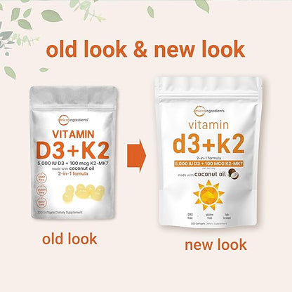 Micro Ingredients Vitamin D3 5000 IU K2 (MK-7) (MK-7) 100 100 mcg, 300 Virgin 2 in 1 Vitamins