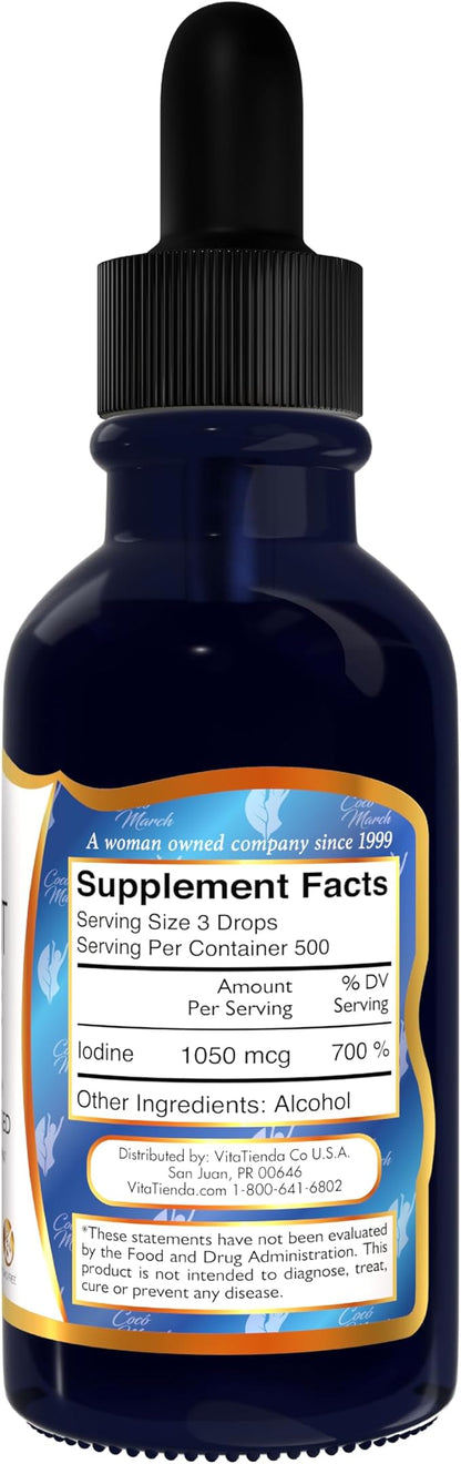 Coco March Nascent Iodine-Magnetized Iodine High Concentration, Thyroid & Metabolism Support, Gluten Free, Keto Friendly, Dairy Free, Soy Free, GMO Free, 1050 mcg Per Serving, 1 fl oz -500 Servings