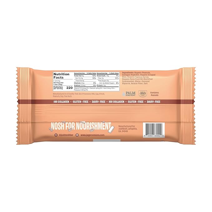 JustNosh Collagen Protein Bars, 10g Collagen, 16g Protein, Gluten Free, Dairy Free, FODMAP Friendly, Seed Oil Free Certified, Clean Ingredients | Peanut Butter (12 Pack)