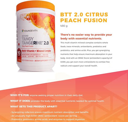 Youngevity Beyond Tangy Tangerine 2.0 Citrus Peach Fusion Multi-Vitamin & Mineral Complex - Made with Natural & Whole Foods | 8,000 ORAC