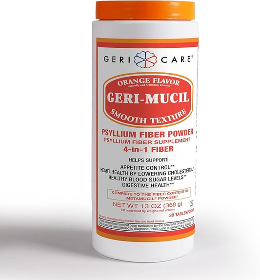 Geri-Mucil Psyllium Powder By GeriCare|4-In-1 Orange-Flavor Movement|13oz