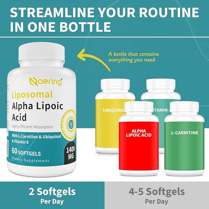 Liposomal Alpha Lipoic Acid 1400mg Softgels, 1000mg, Ubiquinol CoQ10) 100mg 100mg and 10mg,Alpha-Lipoic Acid 600 Softgels