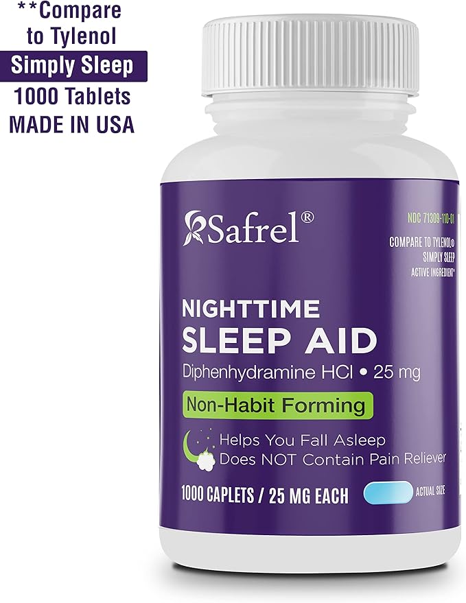 Safrel Nighttime Sleep Aid, Diphenhydramine HCl 25mg (1000 Count 1), 1000, 1000, Count)