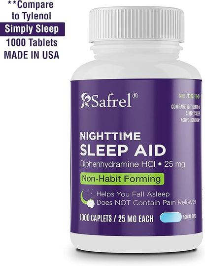 Safrel Nighttime Sleep Aid, Diphenhydramine HCl 25mg (1000 Count 1), 1000, 1000, Count)