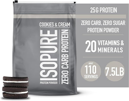Isopure Zero Carb 100% Pure Whey Isolate Protein Powder, Lactose Free, Gluten Free, With Vitamins, Cookies & Cream, 25g Protein Per Serving, 7.5 Lbs, 110 Servings