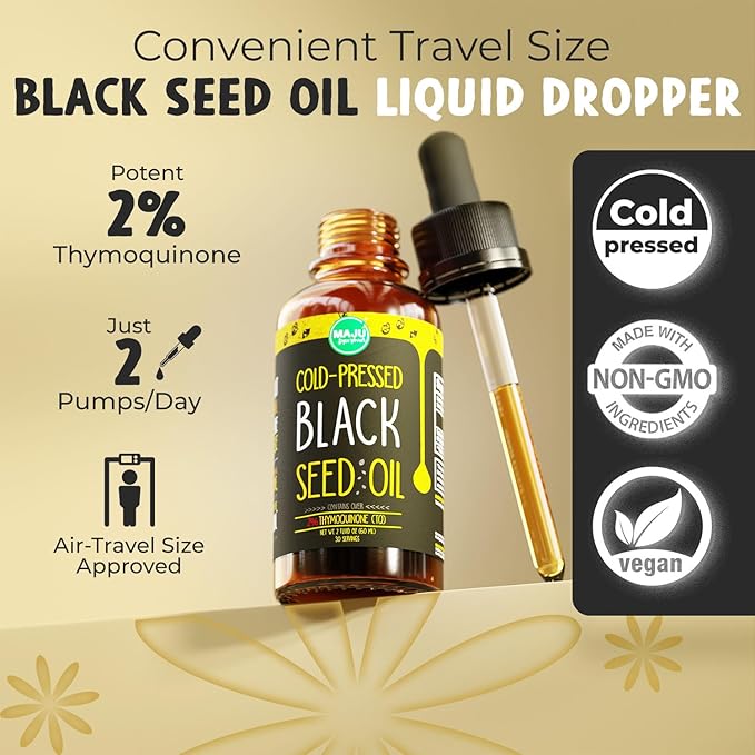 Maju Superfoods Black Seed Oil - 3 Times TQ, Cold-Pressed, Travel Size, 100% Turkish Black Cumin Seed Oil, Liquid Pure Blackseed Oil, Glass Bottle, 2 Oz