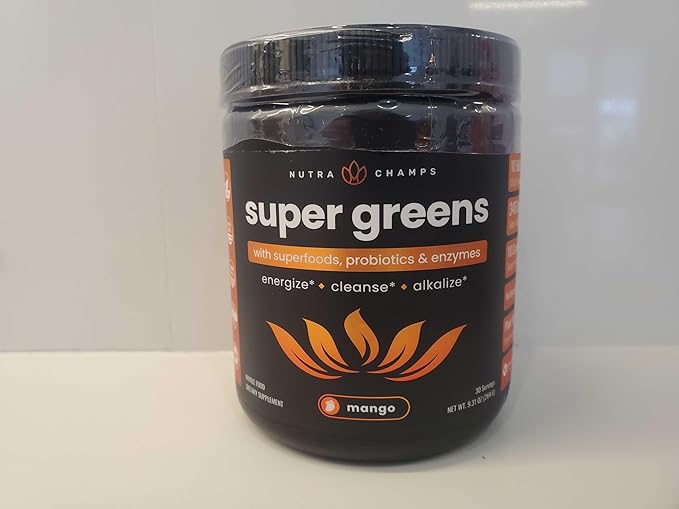 NutraChamps Super Greens Powder Premium Superfood | 20+ Organic Green Veggie Whole Foods | Wheat Grass, Spirulina, Chlorella | Antioxidant, Digestive Enzyme & Probiotic Blends (9.0 OZ, Mango)