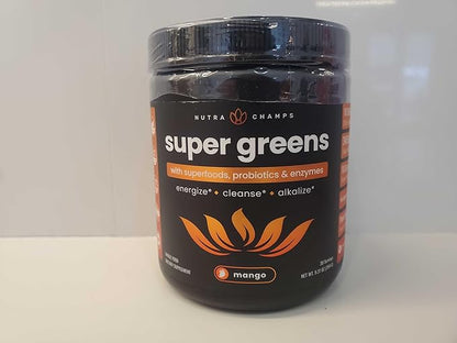 NutraChamps Super Greens Powder Premium Superfood | 20+ Organic Green Veggie Whole Foods | Wheat Grass, Spirulina, Chlorella | Antioxidant, Digestive Enzyme & Probiotic Blends (9.0 OZ, Mango)