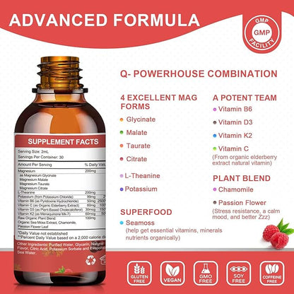 Magnesium Glycinate Liquid Drop - Triple Absorption Supplement to Support Nerves, Night, Heart, Muscles * -Sugar-Free with Potassium, L-Theanine, Sea Moss Vitamin B,C,D3, K2-1Pack