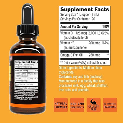 Vitamin D3 K2 Liquid Drops 5000 IU (4oz) Maximum Strength Vitamin D, K, MCT Oil & Omega 3 Bone, Heart, Joint, Muscle Support Supplement. Fast Absorption Formula. 4 in 1 Complex Formula Non-GMO